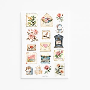 Adesivos Vintage Happy Mail – Conjunto de adesivos com tema de postagem romântica, rosas e cartas para diário e artesanato