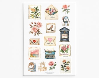 Vintage Happy Mail Stickers – Romantic Postage, Roses, and Letter-Themed Sticker Set for Journaling & Crafts