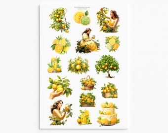 Lemon Garden Sticker Sheet, Citrus Gardening Journal Stickers, Yellow Cottagecore Scrapbook Decor