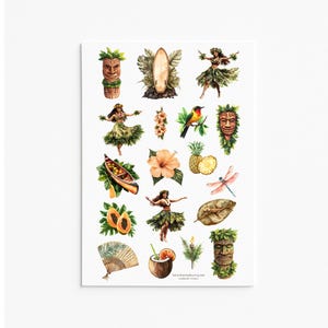 Tiki Luau Sticker Pack – Hawaiian Hula & Tropical Surf Vinyl Stickers for Journaling, Planner, Scrapbooking