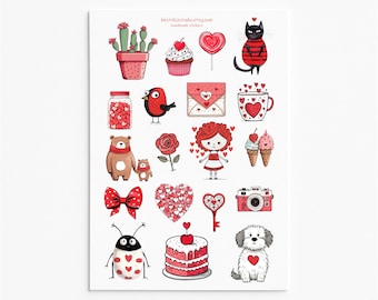Paquete de pegatinas de vinilo impermeables para el Día de San Valentín: corazones, animales y dulces