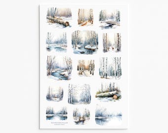 Winter Wonderland Stickers – Serene Snowy Landscapes and Birch Forests