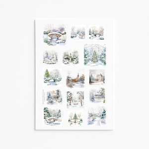 May include: A sticker sheet featuring a collection of watercolor illustrations depicting winter landscapes, including snow-covered bridges, a greenhouse with a Christmas tree, a swing, a fountain, and various park scenes with trees and buildings.