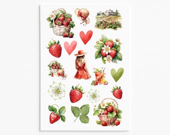 Hoja de pegatinas de fresas, decoración para diarios y álbumes de recortes, pegatinas de vinilo veraniegas de estilo cottagecore.