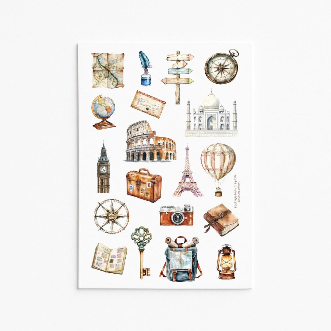Vintage World Travel Sticker Sheet – Landmarks Compass Suitcase Journal ...