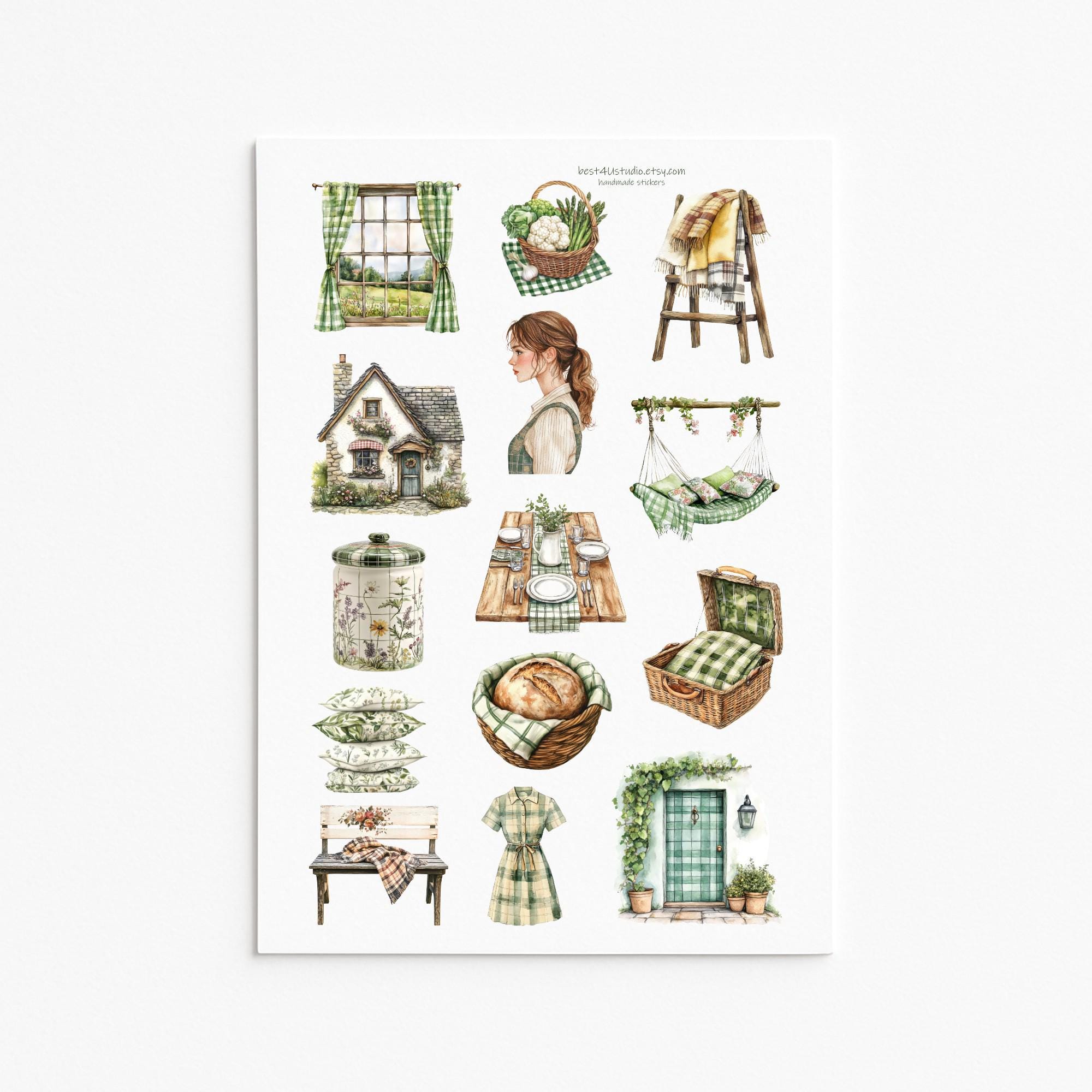 Cottagecore Sticker Sheet With Green Plaid Cozy Decor and Garden Vibes ...