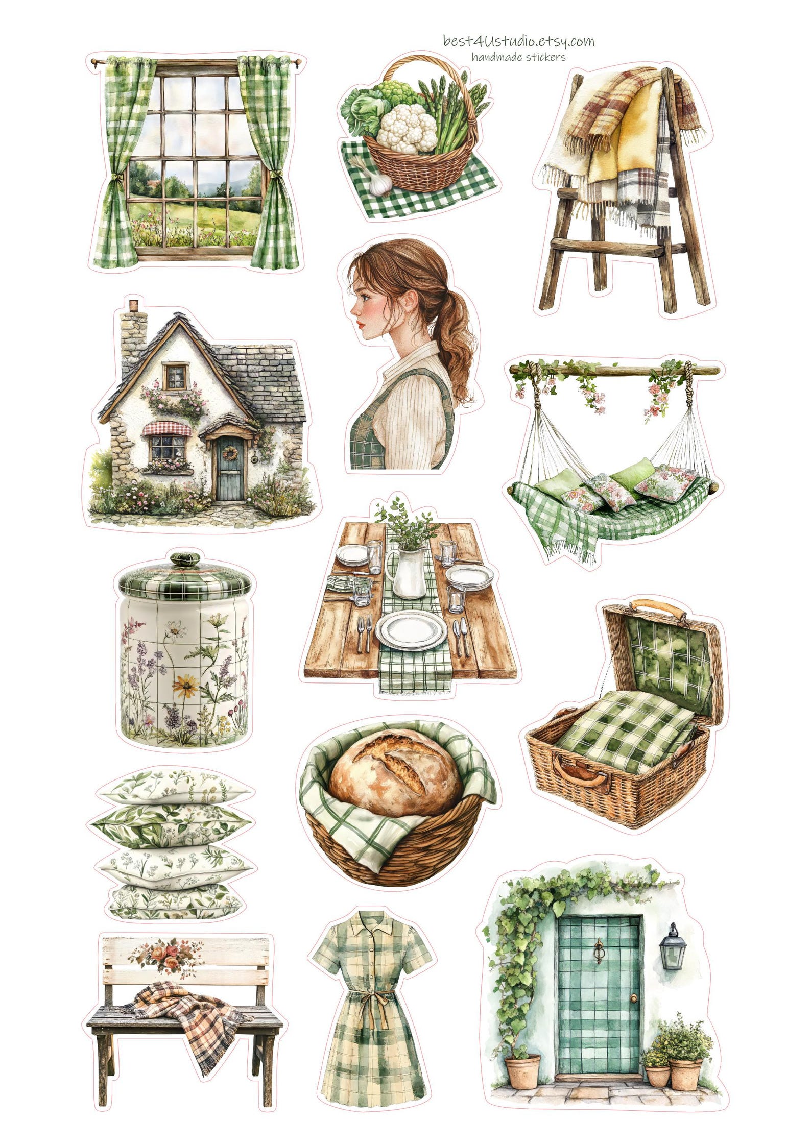 Cottagecore Sticker Sheet With Green Plaid Cozy Decor and Garden Vibes ...