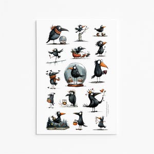 May include: A print showcasing cartoon illustrations of black crows in different scenarios. Some crows are adorned with accessories like scarves and crowns. The artwork has a playful style with a white backdrop.