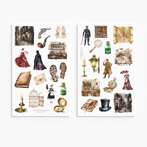 Puede incluir: Dos hojas de pegatinas de estilo vintage con ilustraciones en acuarela. Las pegatinas representan elementos de un tema de detective, incluyendo una lupa, una pipa, un sombrero de copa, un mapa y un revólver. Las pegatinas son de varios colores.