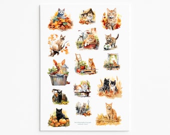 Cats in Autumn Sticker Set – Cozy Fall Cat Stickers for Journals, Scrapbooking, and Crafts