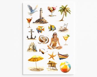 Tropical Beach Sticker Sheet, Summer Vacation Journal Stickers, Coastal Scrapbook Decor