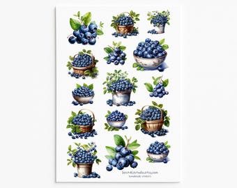 May include: A sticker sheet featuring various watercolor illustrations of blueberries in baskets, bowls, and buckets, accompanied by green leaves. The text best4Ustudio.etsy.com handmade stickers is printed in small black font at the bottom center.