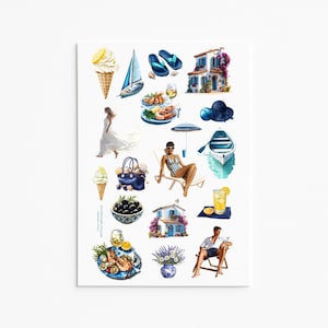 Mediterranean Summer Stickers – Coastal Vacation Vinyl Set with Sailboat, Seafood, Villa & Beach Vibes | Journaling, Planner, Scrapbooking