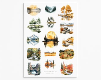 May include: A sheet of watercolor landscape stickers featuring various scenes of nature. The stickers depict mountains, forests, lakes, and sunsets in shades of green, blue, yellow, and orange. The text "best4ustudio.etsy.com handmade stickers" is visible.