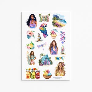 Stickervel tropisch eiland – Hawaiian Beach Vibes, surf- en zomerplannerstickers, decor esthetisch paradijs