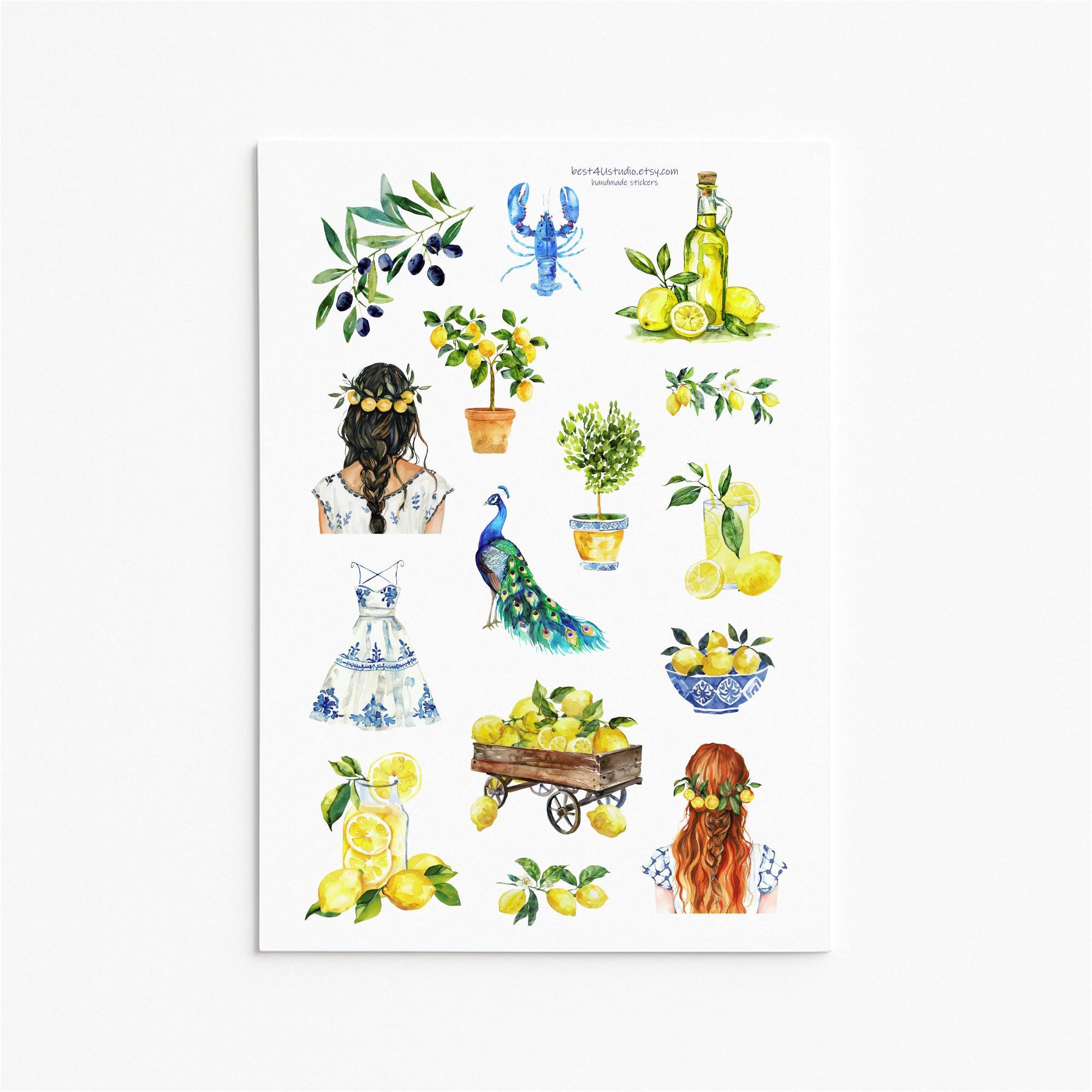 Mediterranean Sticker Sheet Lemon Olive Summer Decor Peacock Dress - Etsy