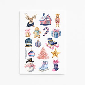 May include: Watercolor illustrations of Christmas-themed objects, including a reindeer, house, nutcracker, bell, gingerbread man, candy cane, gift, snow globe, ornament, rocking horse, star, Christmas tree, snowman, ice skates, and stocking.