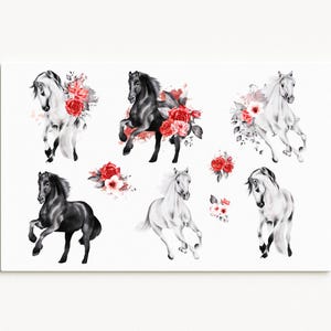 Blumen-Pferdeaufkleber | Monochrome Rose & Pferd Vinyl Aufkleber | Reiter-Planer, Scrapbook Sheet