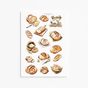 Puede incluir: Ilustración en acuarela de varios panes, incluyendo hogazas, baguettes y pan rebanado. Algunos panes están sobre tablas de cortar, en cestas o sobre papel pergamino. También se representa un cuchillo de mantequilla y un saco de harina.