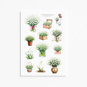 Può includere: Un foglio di adesivi fatti a mano con illustrazioni ad acquerello di fiori di bucaneve. I disegni includono bouquet legati con nastri rosa, composizioni in scatole di legno, vasi e un cestino. Il testo "best4studio.etsy.com" è visibile.
