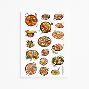 May include: A sticker sheet featuring various watercolor illustrations of paella in round metal pans. The designs include different combinations of shrimp, mussels, clams, lemon wedges, and herbs, with some pans shown over fire or with spoons.
