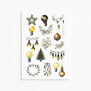 May include: Watercolor illustrations of Christmas lights and ornaments. The image features a variety of light bulbs, a Christmas tree, and decorative garlands. The color palette includes gold, yellow, and green, creating a festive and warm aesthetic.