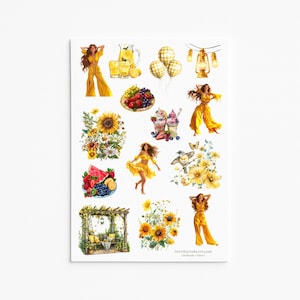 Zomerstickers, zonnebloem, fruit, gele esthetiek, bloemen, limonade, cottage-kern, vrolijke stickers, tuinstickers, zomerse sferen