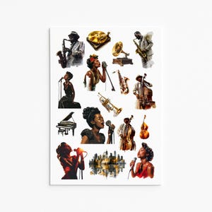 Pegatinas de jazz, pegatinas de música, arte musical, regalos para músicos, ilustración de jazz, amantes de la música, arte de jazz, entusiasta del jazz, fan del jazz