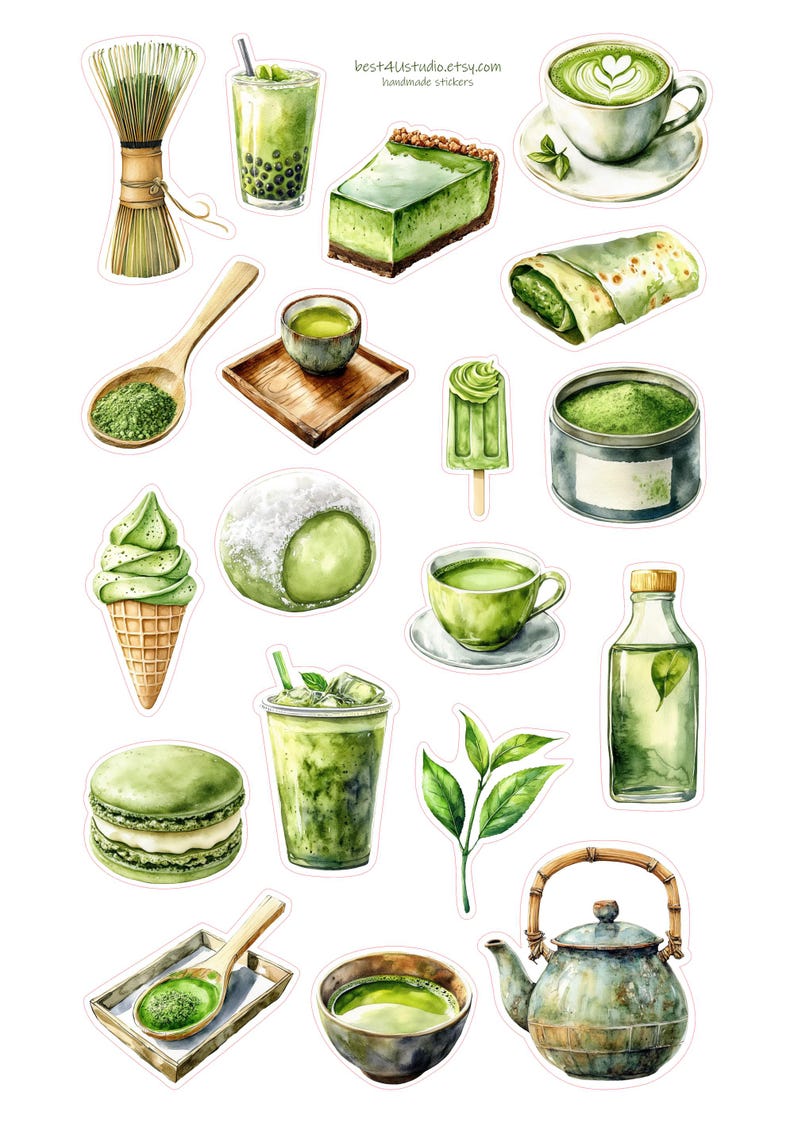 Matcha Sticker Sheet Tea Latte Cake Ice Cream Macaron Whisk Tray Leaves ...