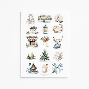 Op de afbeelding: Een vel met aquarelstickers met kerstthema. De stickers bevatten verschillende vakantie-elementen, waaronder cadeaus, een dorp, wanten, een auto met een kerstboom, een lantaarn, een boek, een mok, een open haard, een kous, een hert, een kaars, een kerstboom, kussens, een huis, een mok en een cadeau.