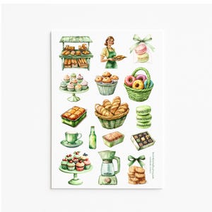 Bakkerijstickers voor dagboek plakboek Spring Cafe Baking groen pastel handgemaakt stickervel