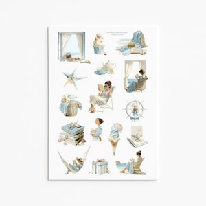 May include: A sheet of watercolor stickers featuring a coastal theme. The stickers depict various beach-related elements, including a window with a sea view, a starfish, books, and people reading. The color palette is primarily blue and white.