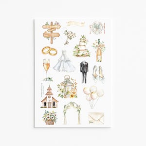 Hoja de pegatinas de margaritas rústicas para boda: iconos de novia, pastel, anillos y champán con vegetación bohemia para planificadores, álbumes de recortes y creación de tarjetas.