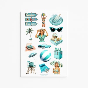 Pacchetto di adesivi spiaggia retrò - Adesivi in vinile estivi pin-up turchesi con cartelli da surf, auto d'epoca e picnic / Journaling, planner, scrapbooking