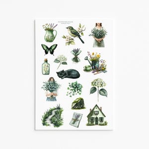 Groen stickervel Cottagecore – Botanische kat vogel vlinder planner dagboek decor