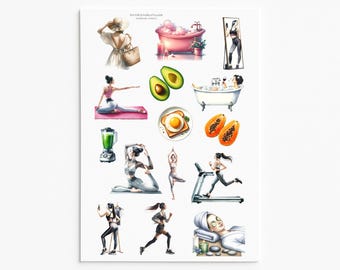 Juego de pegatinas de bienestar y autocuidado: fitness, yoga, vida sana y relajación.