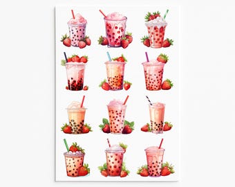 Stickers aardbei Bubble Tea, Boba, melkthee