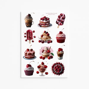 Kirschen-Aufkleber, Dessert-Aufkleber, Obst-Aufkleber, Beere, rote Kirsche, Lebensmittel-Aufkleber, Süßigkeit-Aufkleber, Eis, Cupcake-Aufkleber