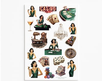 Vintage Casino Stickers: Showgirls, Roulette, Poker
