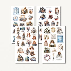 Op de afbeelding: Een verzameling stickers in aquarel-stijl met winterthema's, waaronder knusse truien, besneeuwde bomen, hutten, warme dranken, sneeuwbollen, winterkleding en mensen in seizoensgebonden kleding, gerangschikt op meerdere witte stickervellen.