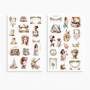 Set di fogli di adesivi Boho Festival e Campeggio - Adesivi per decorazioni estive hippie, musica, viaggi e diario