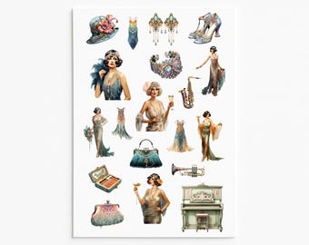 1920s Flapper Girl Sticker Sheet, Art Deco Party Planner Stickers, Vintage Fashion Stickers