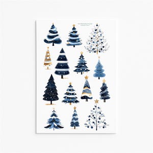 Elegante blauwgouden kerstboomstickers | Stickerpakket feestdagen | Handgemaakte kerstplanner als plakboekdecor
