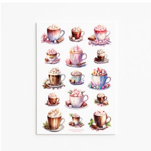 Autocollants chocolat chaud, Autocollants café, Autocollants boissons d'hiver, Autocollants tasses de vacances, Boissons chaudes, Autocollants guimauve, Autocollants cacao