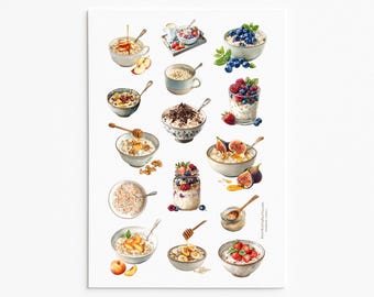 Oatmeal Sticker Sheet Breakfast Bowls Fruit Honey Nuts Chocolate Coffee