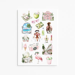 Luxus Sommer Reise, Wellness Aufkleber Bogen - Rosa ästhetische Spa, Strand & Urlaub Aufkleber für Journale, Planer