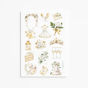 May include: A collection of watercolor illustrations featuring wedding-themed elements including a floral arch, a white dress, a dove, a gift box, a bouquet, a lantern, a cake slice, high heels, a ring box, and a tiered cake in gold and white.