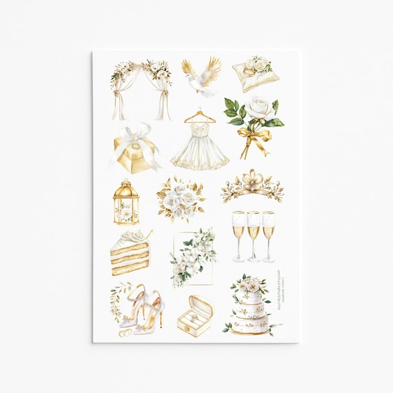 Wedding Stickers for Journal Scrapbook Bride Planner Elegant Gold White Handmade Sticker Sheet