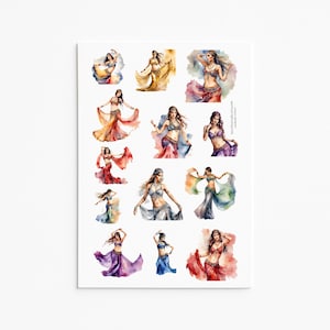 Peut inclure: Une planche d'autocollants avec des illustrations à l'aquarelle de danseuses du ventre dans diverses poses. Les danseuses sont représentées dans des costumes colorés et fluides avec des voiles et des bijoux. La palette de couleurs comprend des nuances d'or, de rouge, de bleu, de violet et de vert.
