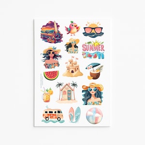 Summer Sticker Sheet: Retro Beach Vacation Scrapbook Stickers